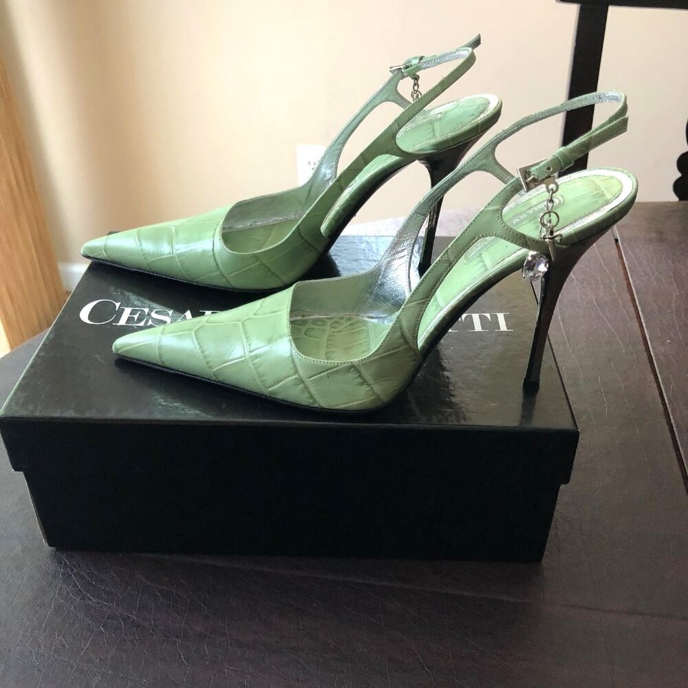 Rare  Cesare Paciotti Dagger Charms Green Stiletto Hills